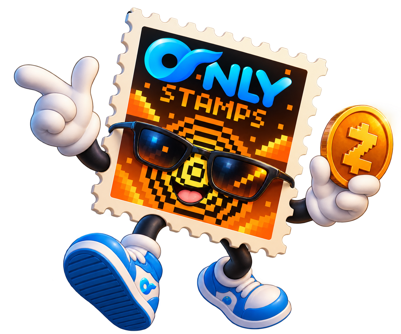 OnlyStamp mascot: a smiling postage stamp wearing sunglasses, pointing up and holding a gold coin